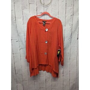 Ali‎ Miles Top Plus Size 3X Lagenlook Artsy Crinkle Orange Blouse 3 Buttons NWT